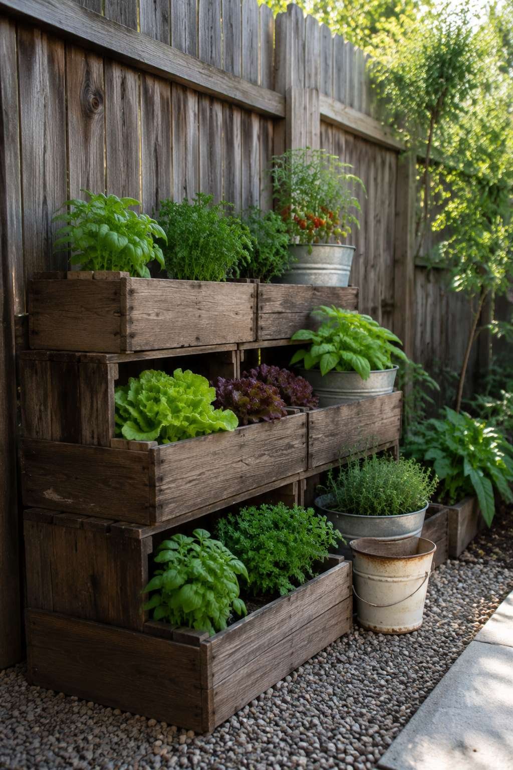 Container Garden from Repurposed Crates and Buckets