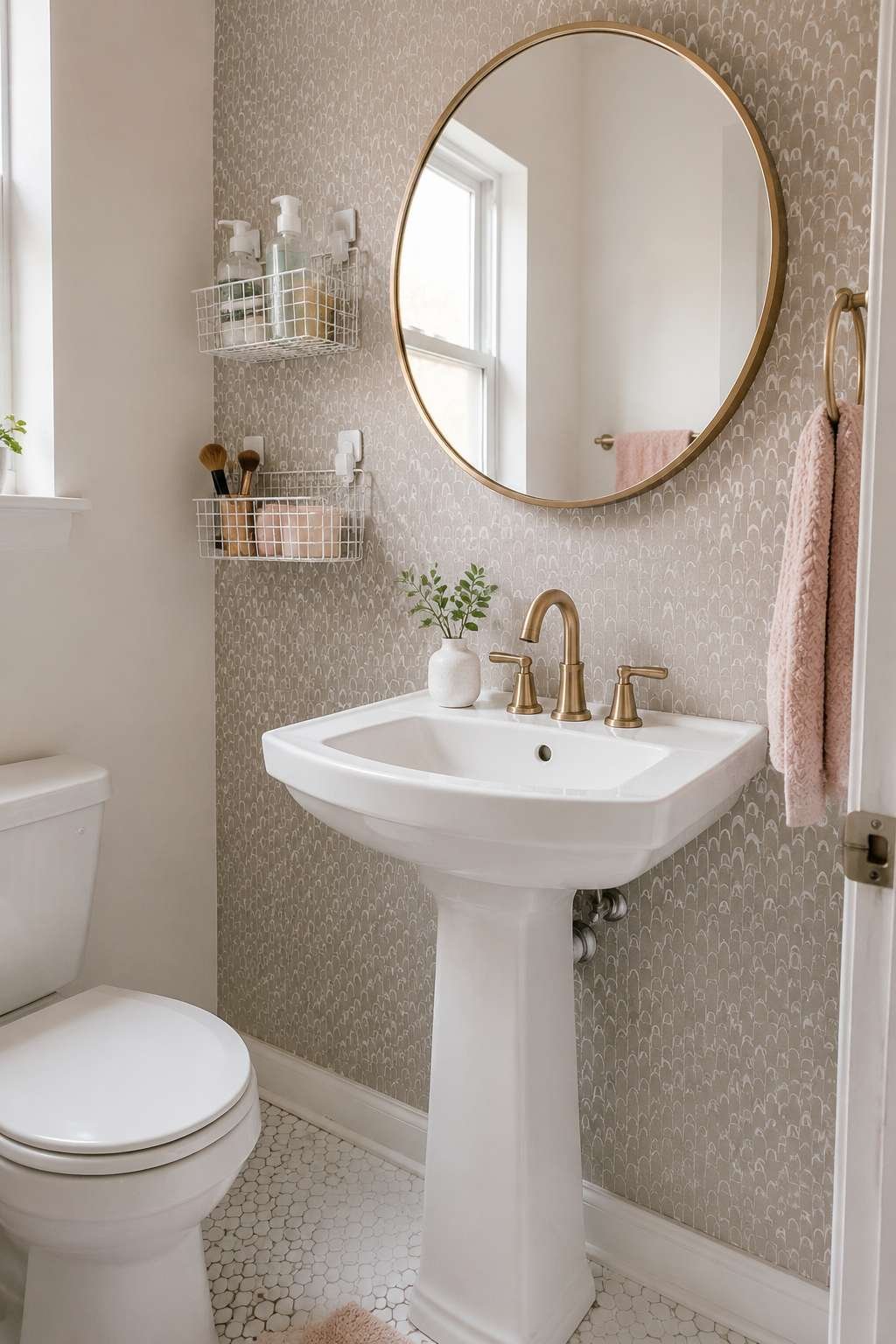 Renter-Friendly Wallpaper Accent Above a Pedestal Sink