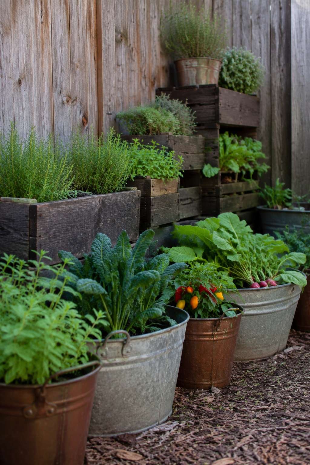 Container Garden from Repurposed Crates and Buckets