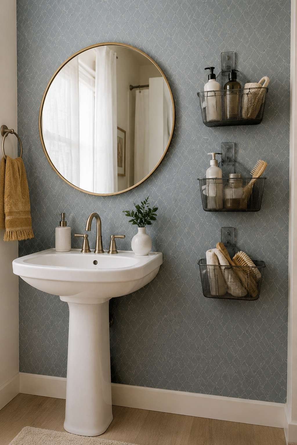 Renter-Friendly Wallpaper Accent Above a Pedestal Sink