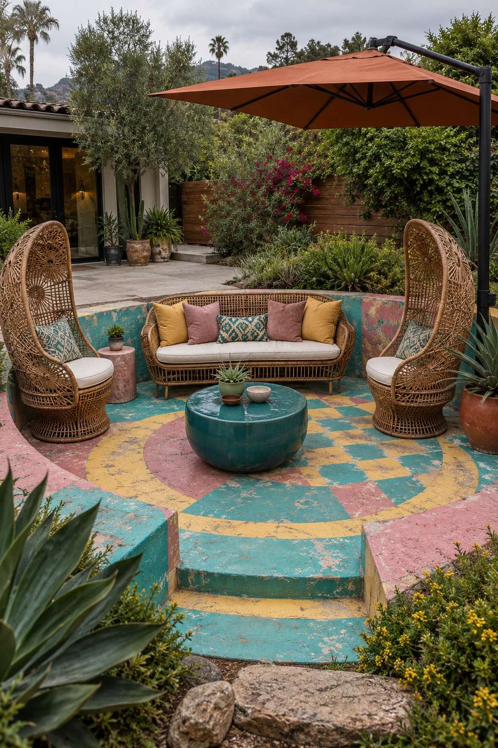 Hand-Painted Geometric Patio Floor