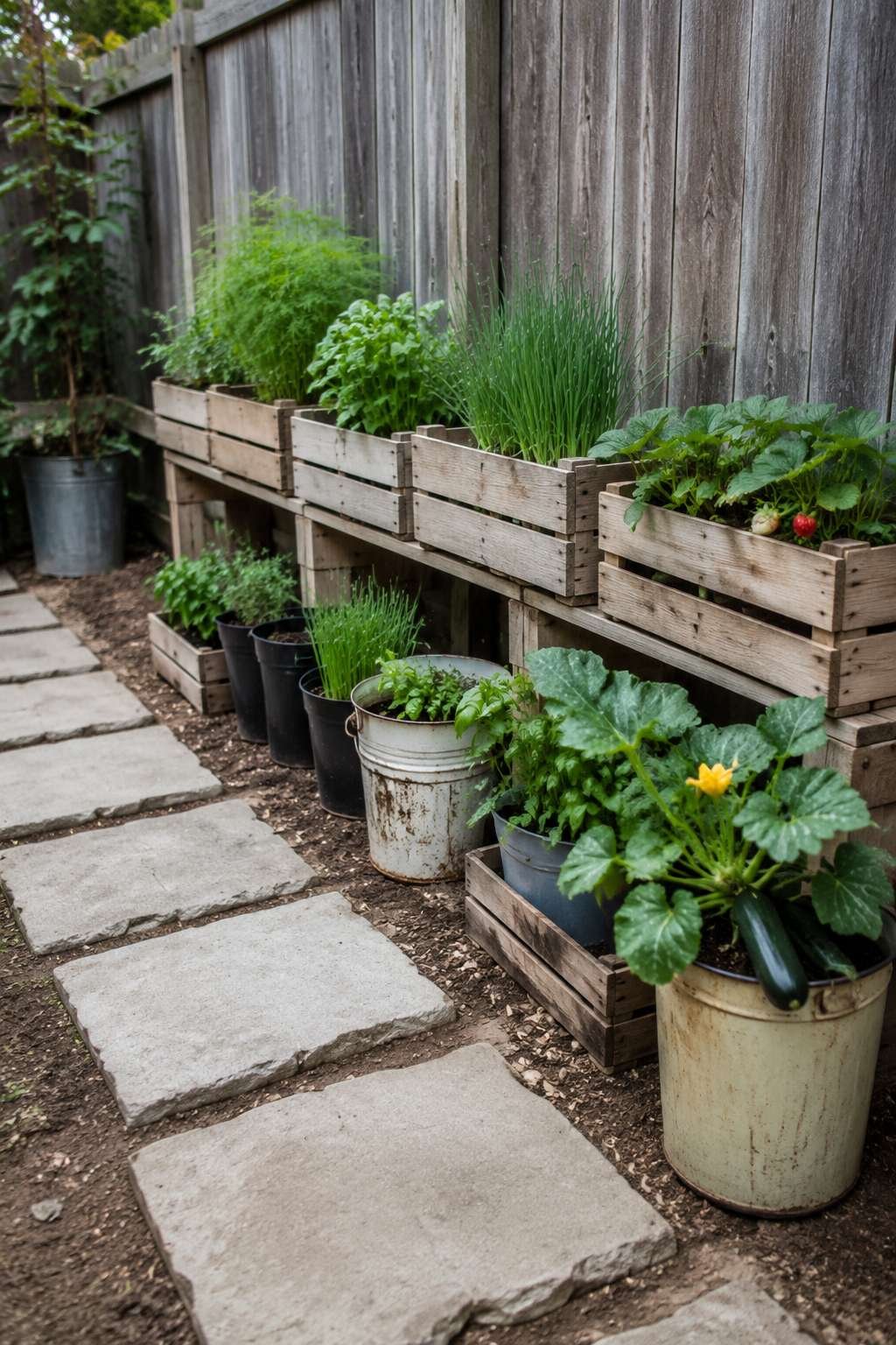 Container Garden from Repurposed Crates and Buckets