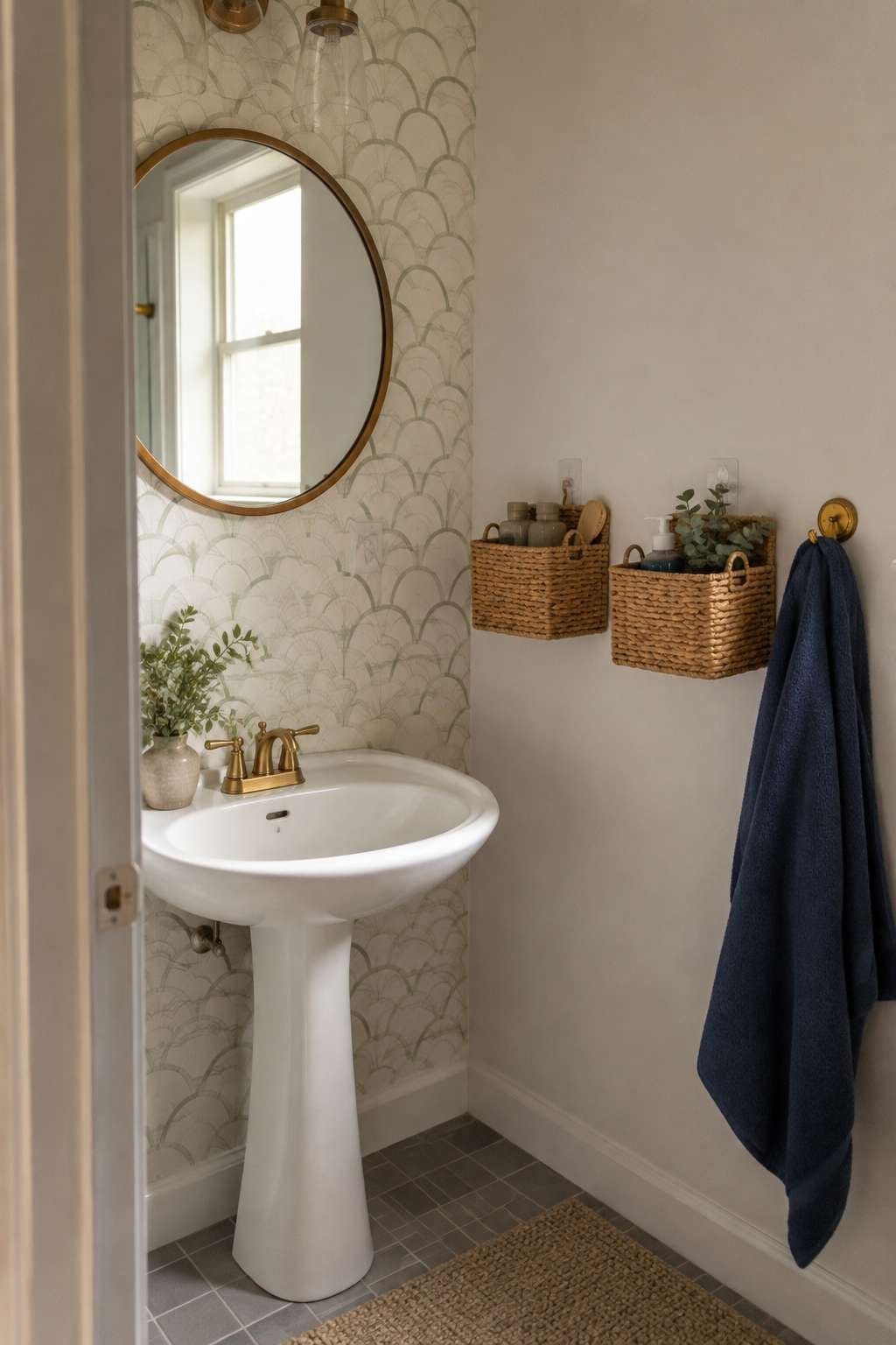 Renter-Friendly Wallpaper Accent Above a Pedestal Sink