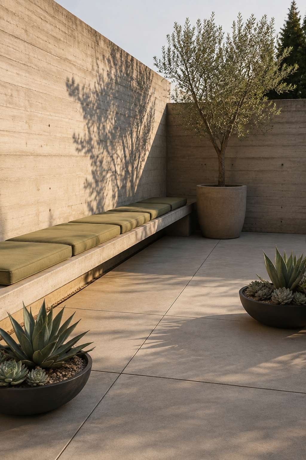 Modern Concrete Patio with Board-Formed Wall and Sage Cushions