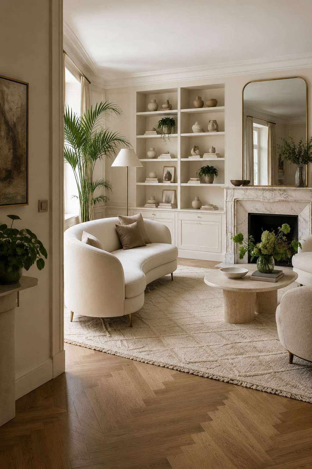 Architectural Elegance: Floor-to-Ceiling Bookshelves and Marble Fireplace