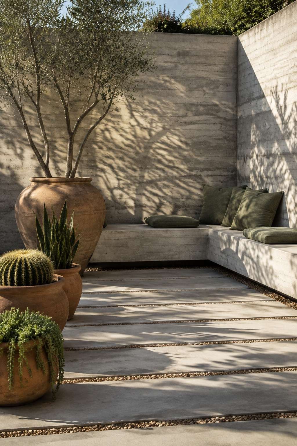 Modern Concrete Patio with Board-Formed Wall and Sage Cushions