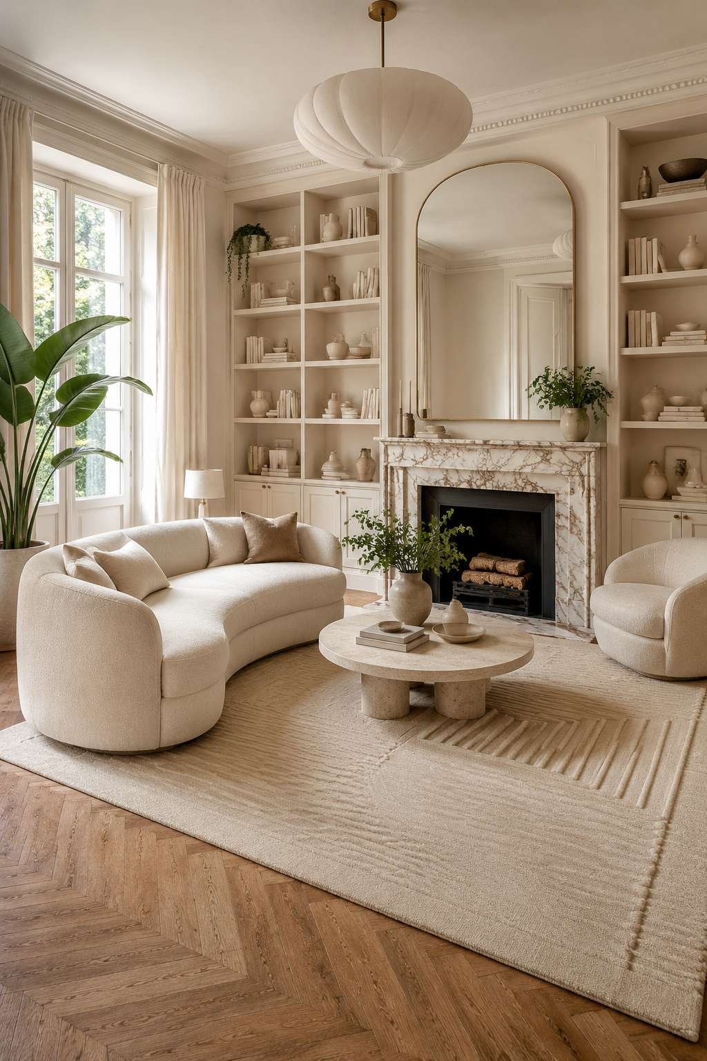 Architectural Elegance: Floor-to-Ceiling Bookshelves and Marble Fireplace