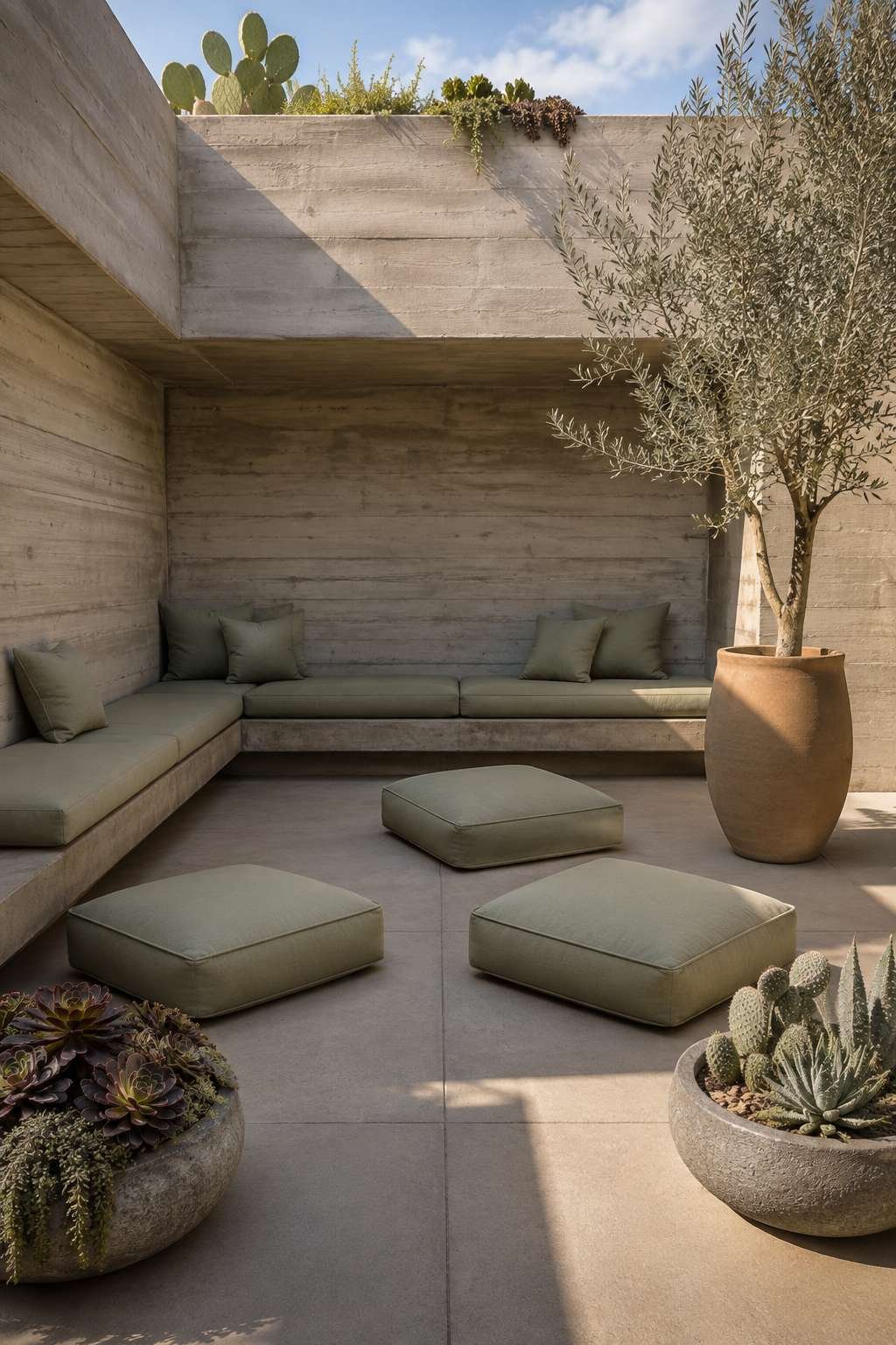 Modern Concrete Patio with Board-Formed Wall and Sage Cushions