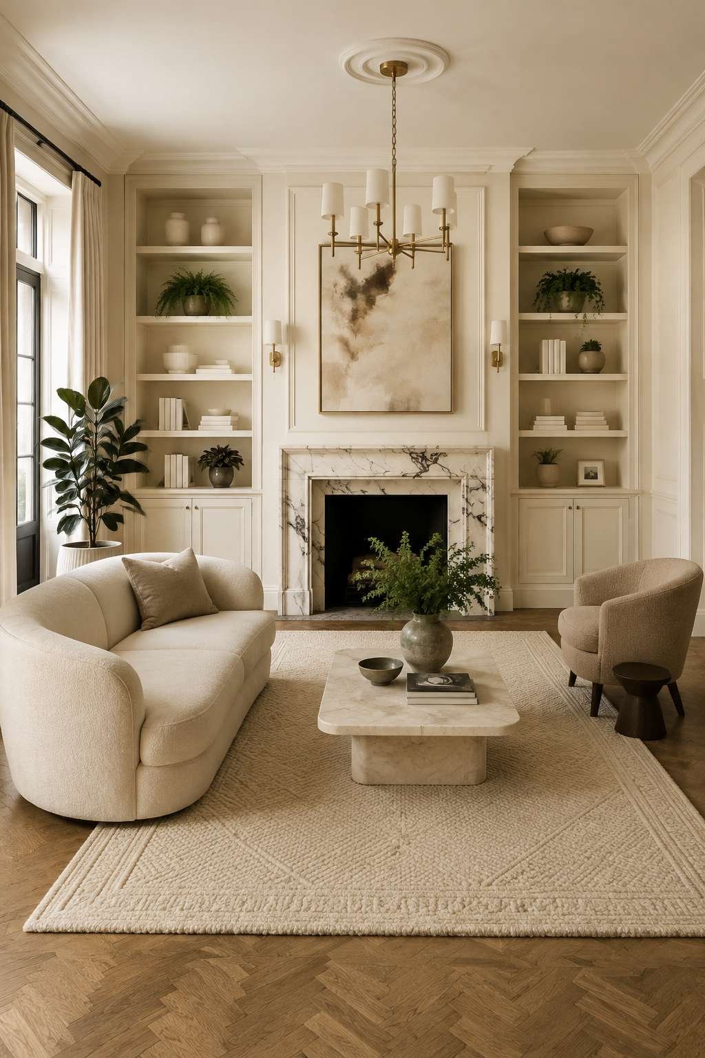 Architectural Elegance: Floor-to-Ceiling Bookshelves and Marble Fireplace