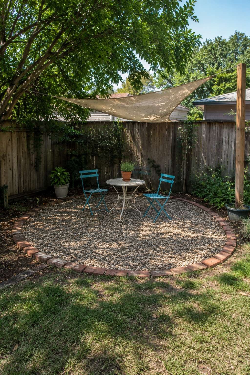 Budget Gravel Patio with Reclaimed Brick Edging