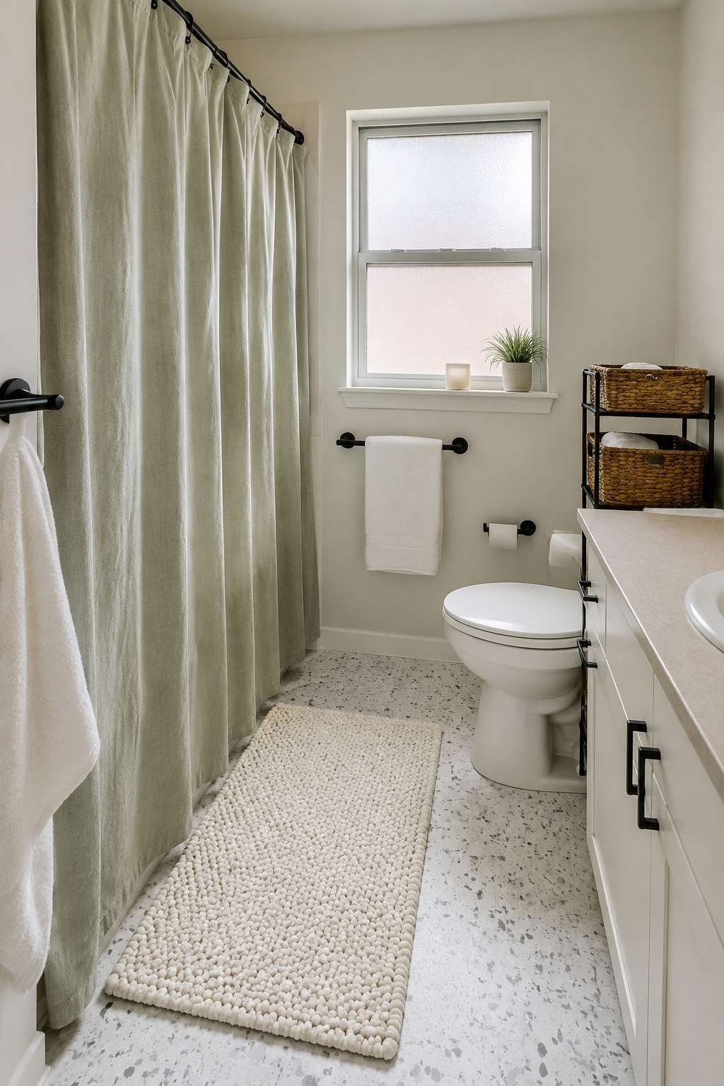 Budget Makeover with Sage Fabric Curtain and Woven Baskets