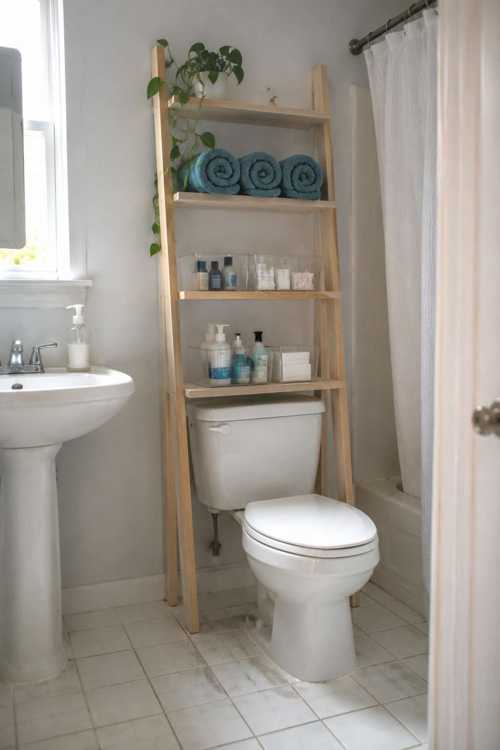 Over-the-Toilet Ladder Shelf in Light Pine