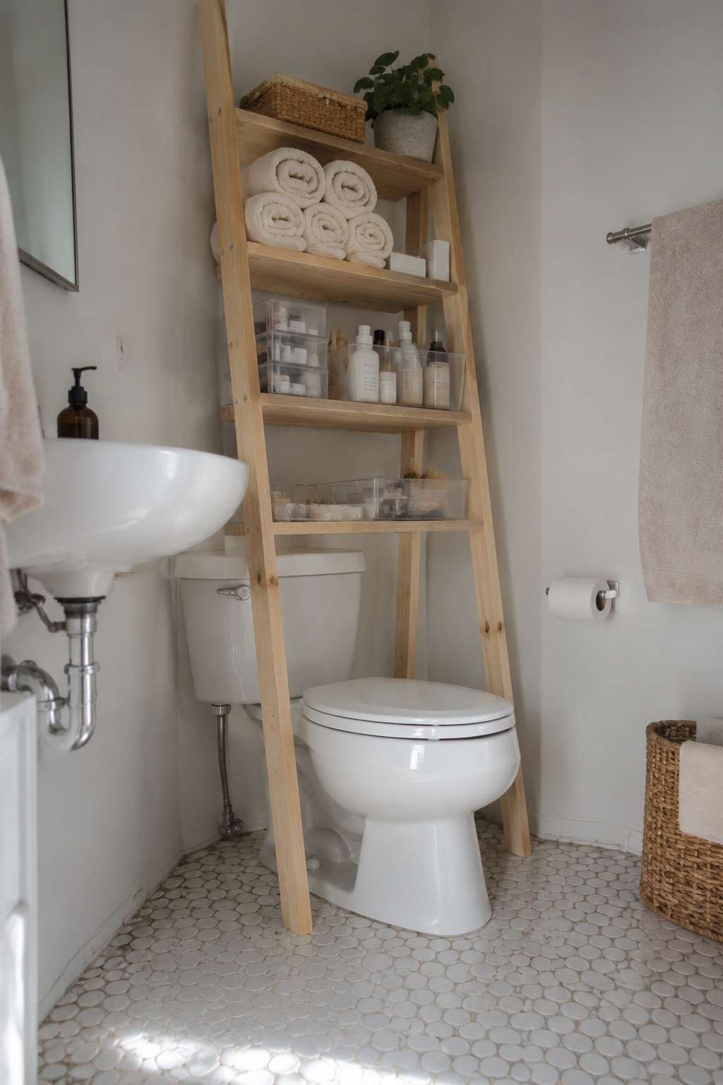 Over-the-Toilet Ladder Shelf in Light Pine