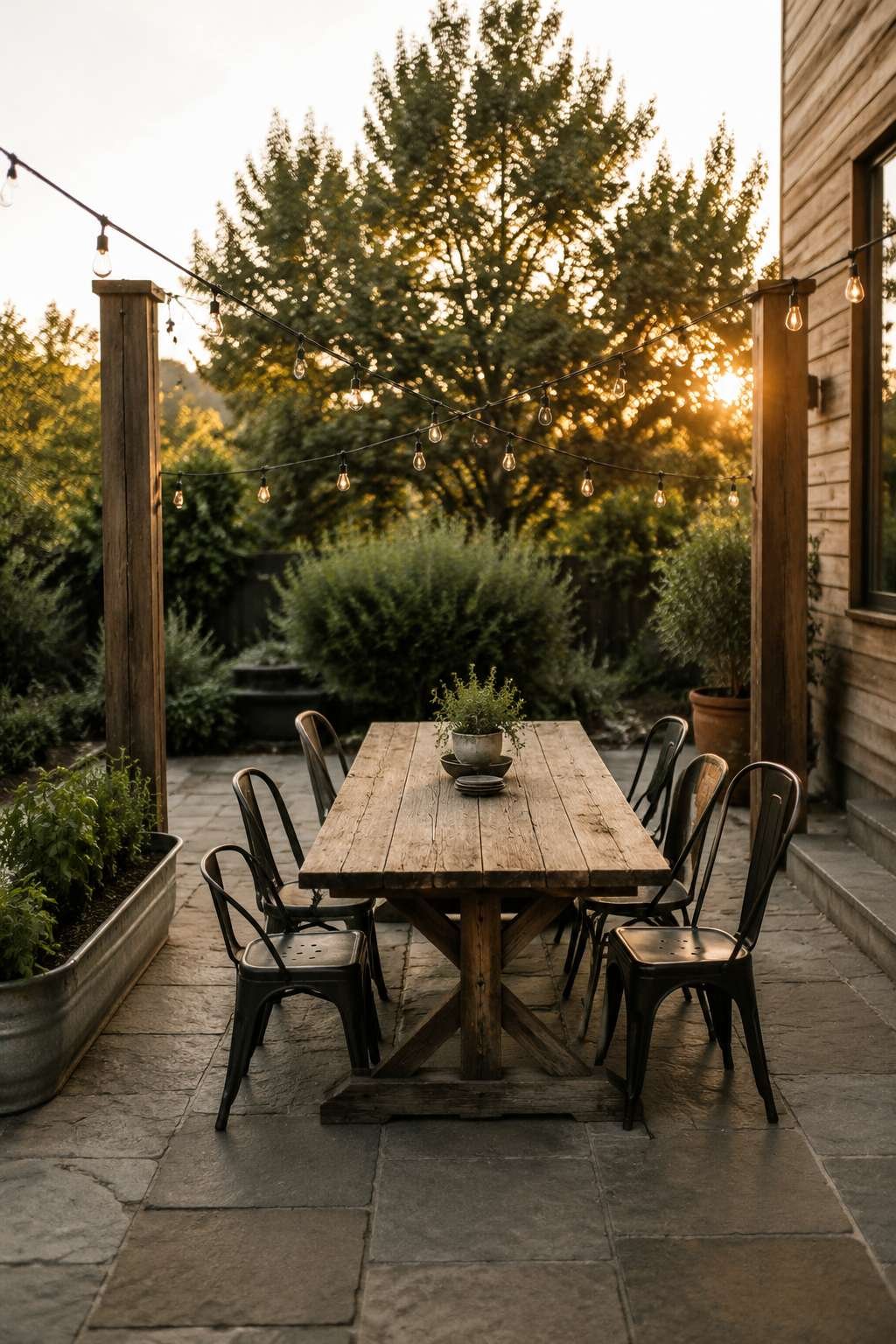 Farmhouse Dining Patio with Reclaimed Wood and String Lights