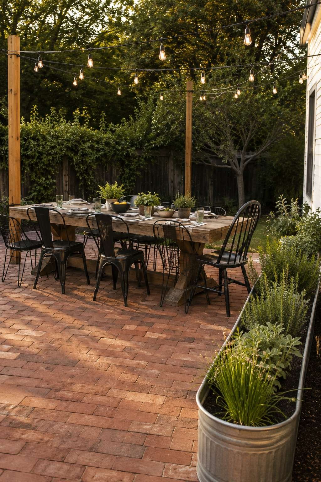 Farmhouse Dining Patio with Reclaimed Wood and String Lights