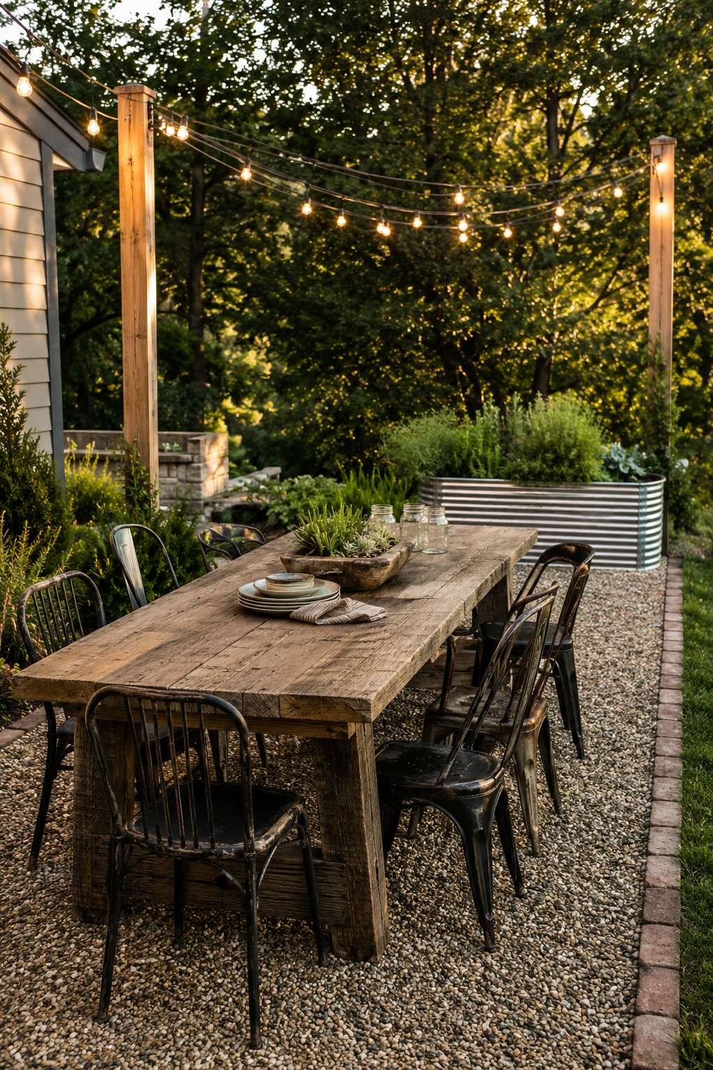 Farmhouse Dining Patio with Reclaimed Wood and String Lights