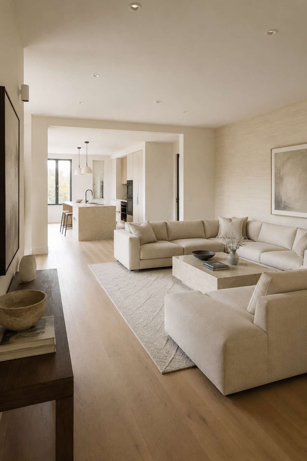 Contemporary Open-Plan Grace: Grasscloth Walls and Travertine