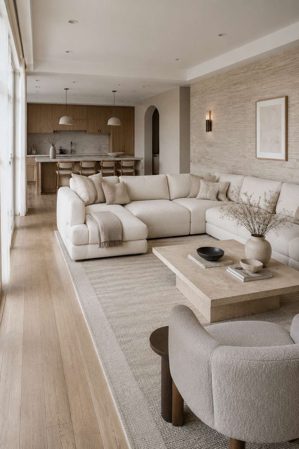 Contemporary Open-Plan Grace: Grasscloth Walls and Travertine
