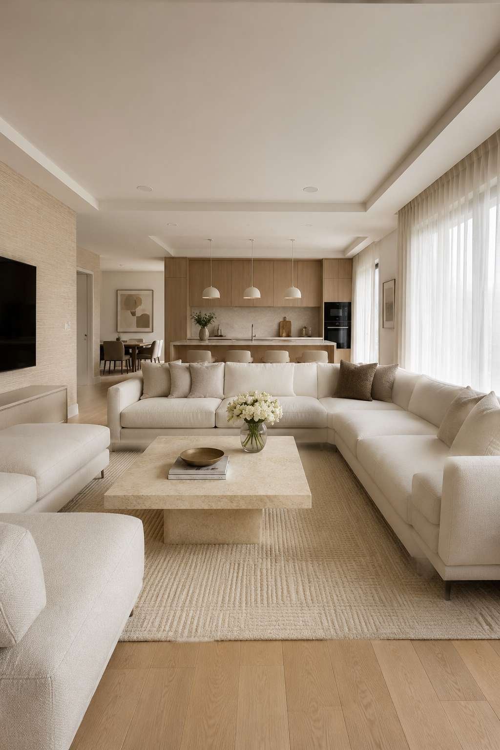 Contemporary Open-Plan Grace: Grasscloth Walls and Travertine