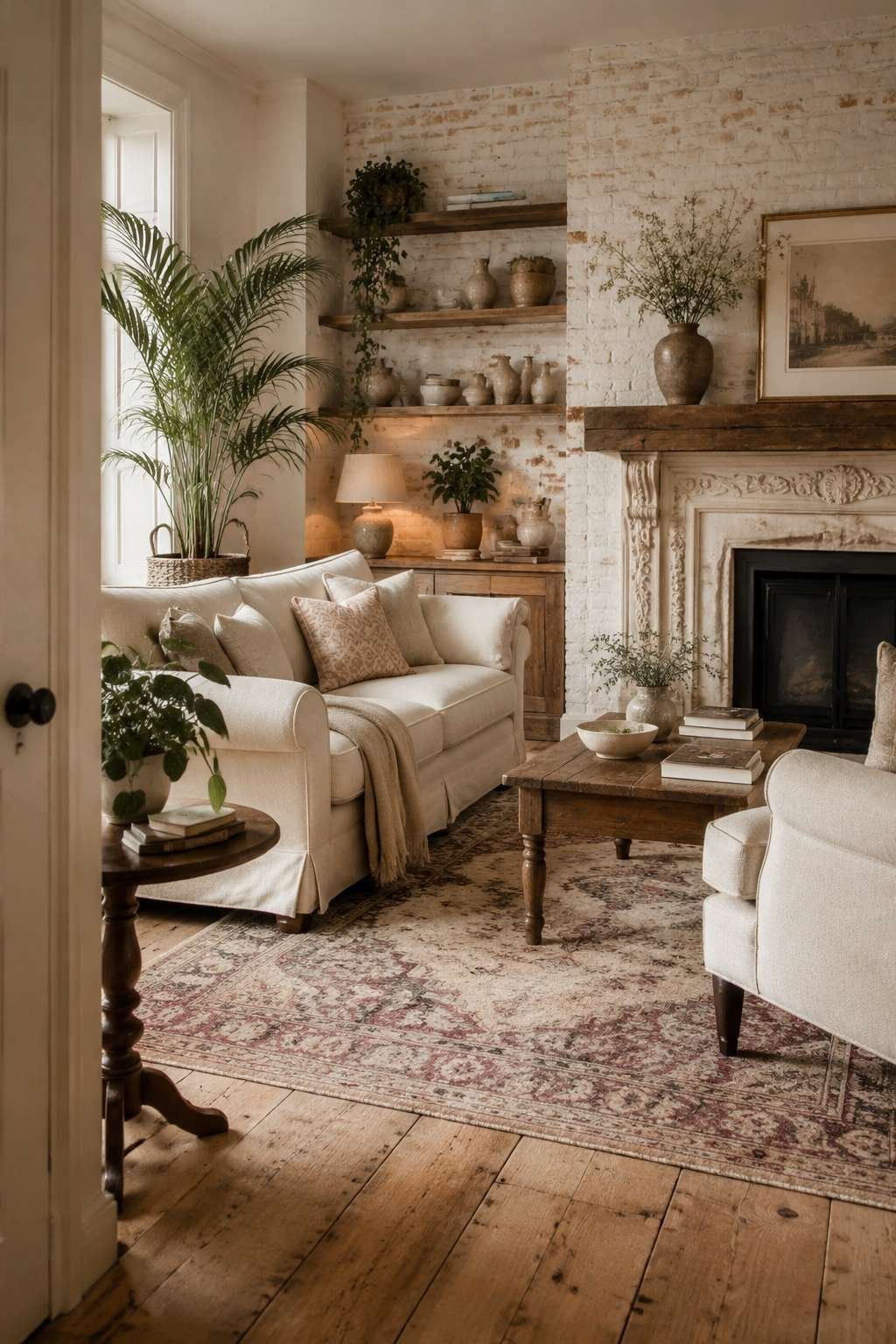 Cottage Warmth: Whitewashed Brick and Vintage Persian Rugs