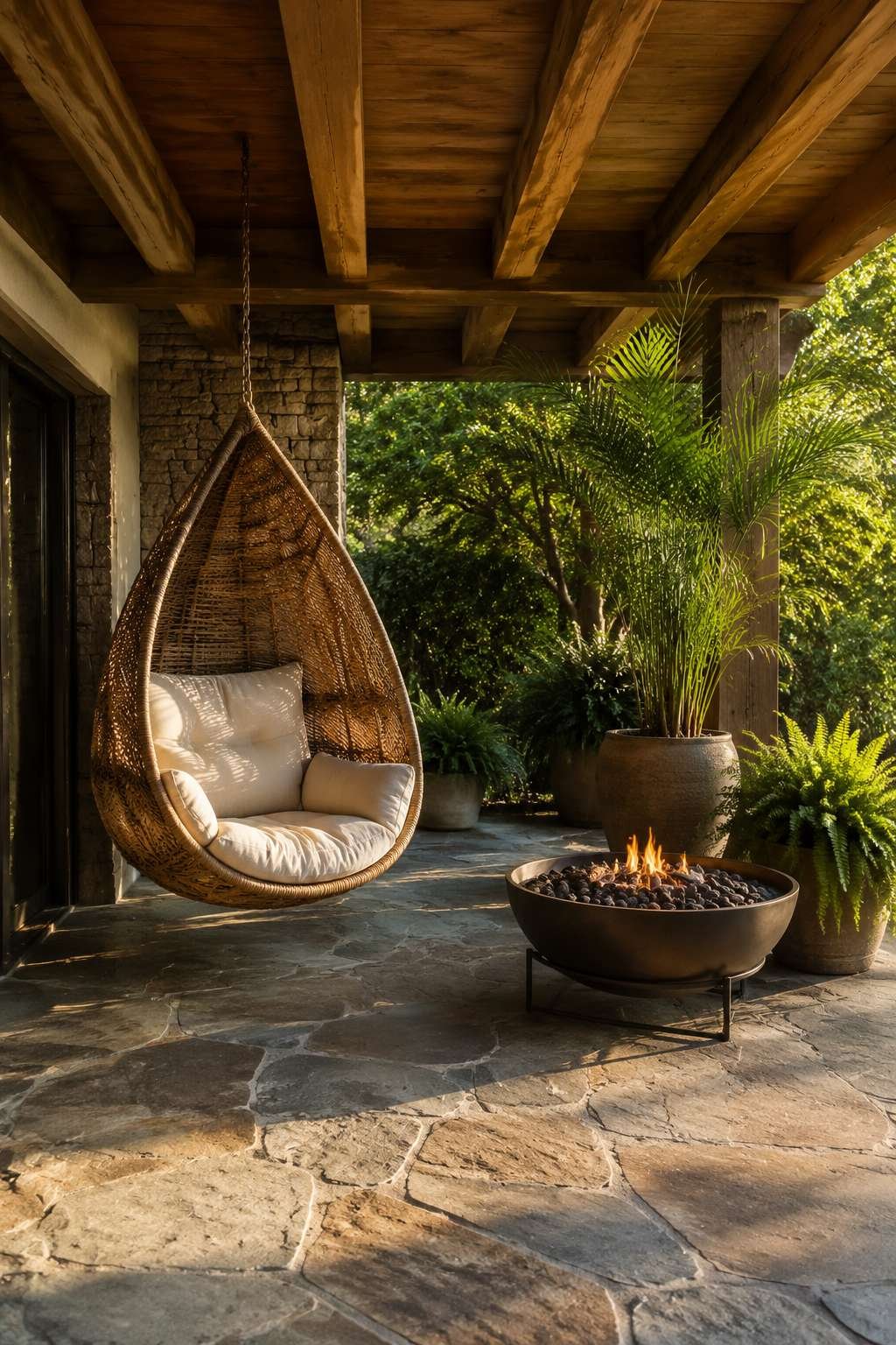 Covered Patio with Rattan Egg Chair and Stone Slate Flooring