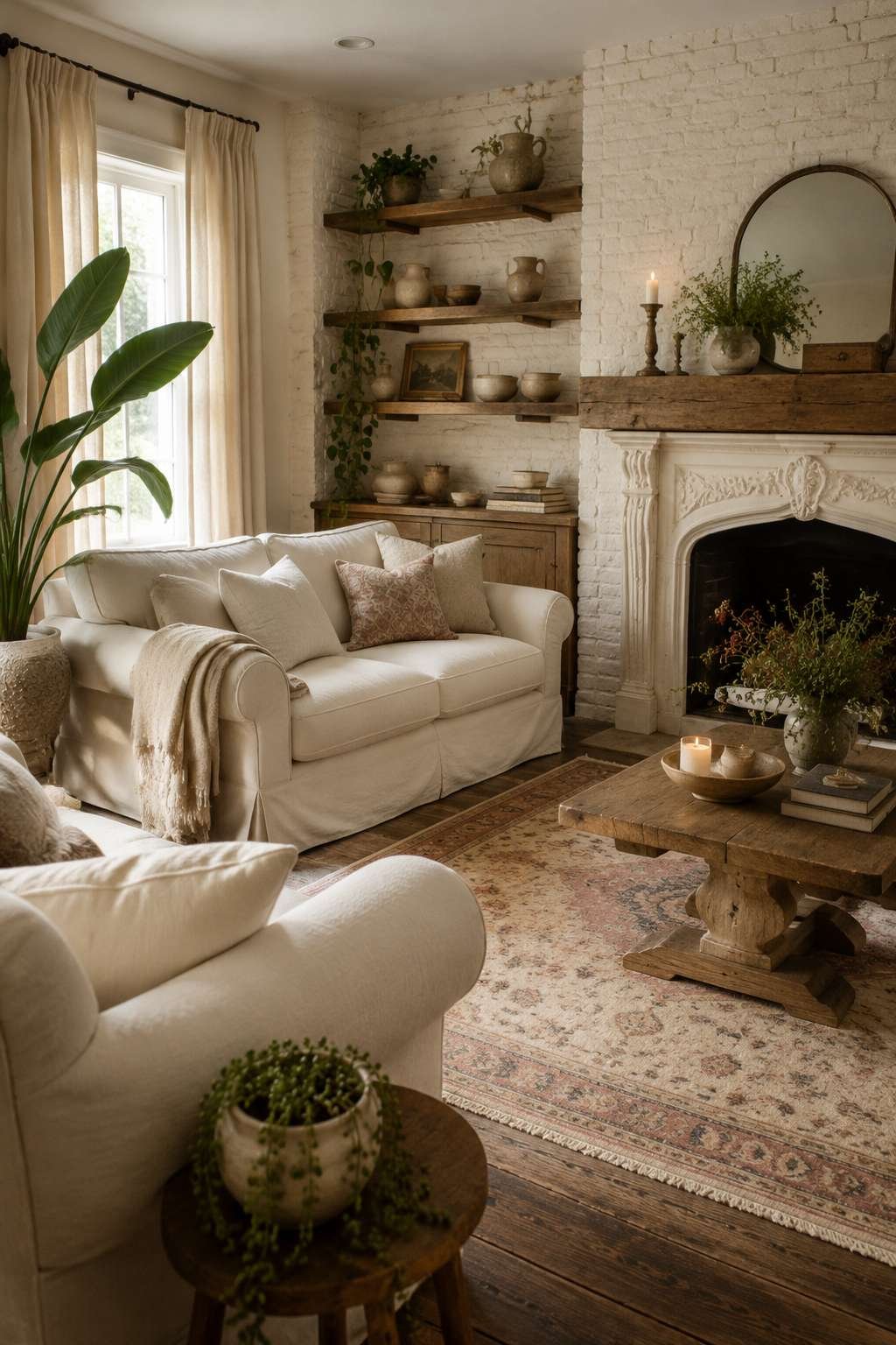 Cottage Warmth: Whitewashed Brick and Vintage Persian Rugs
