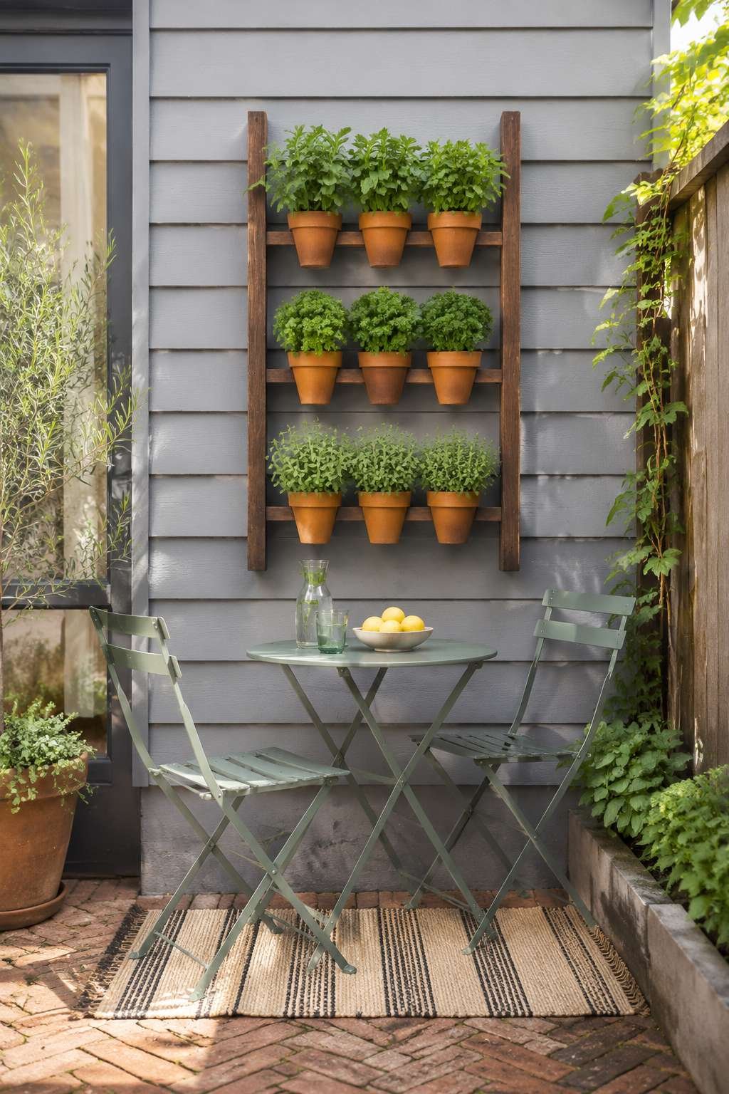 Sunny Vertical Herb Garden with Bistro Seating