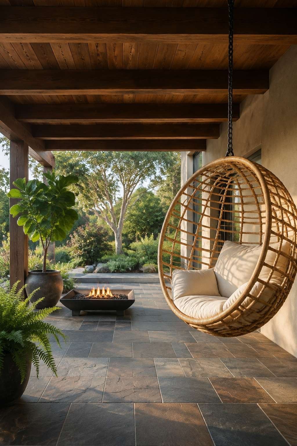Covered Patio with Rattan Egg Chair and Stone Slate Flooring