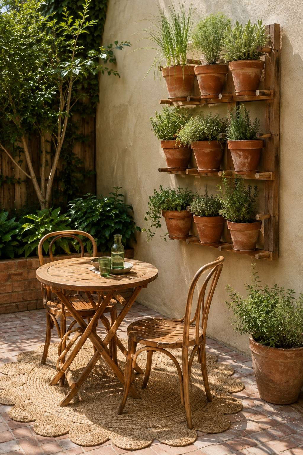 Sunny Vertical Herb Garden with Bistro Seating