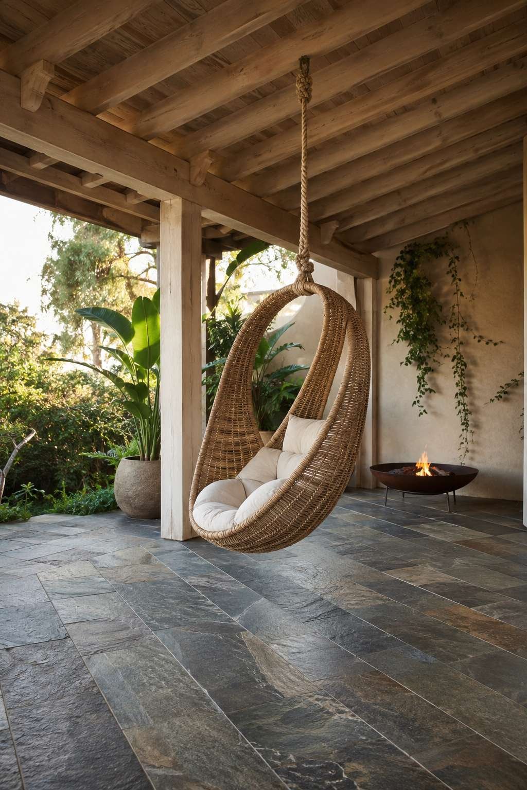 Covered Patio with Rattan Egg Chair and Stone Slate Flooring