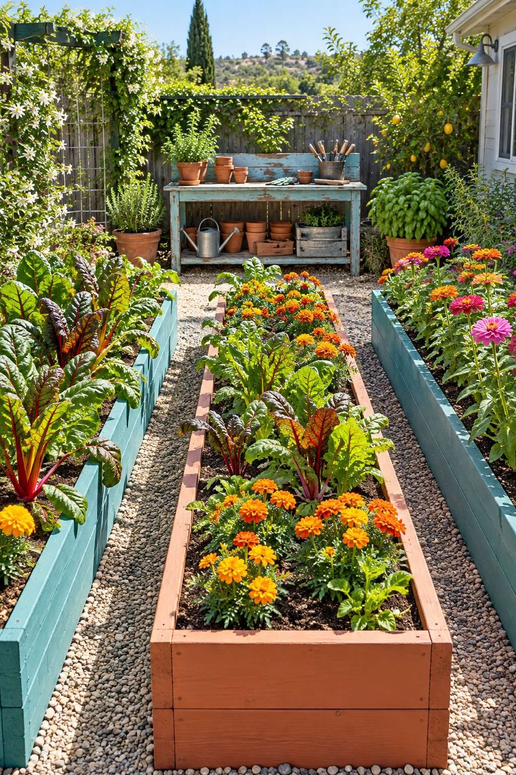 Painted Raised Garden Beds with Rainbow Chard