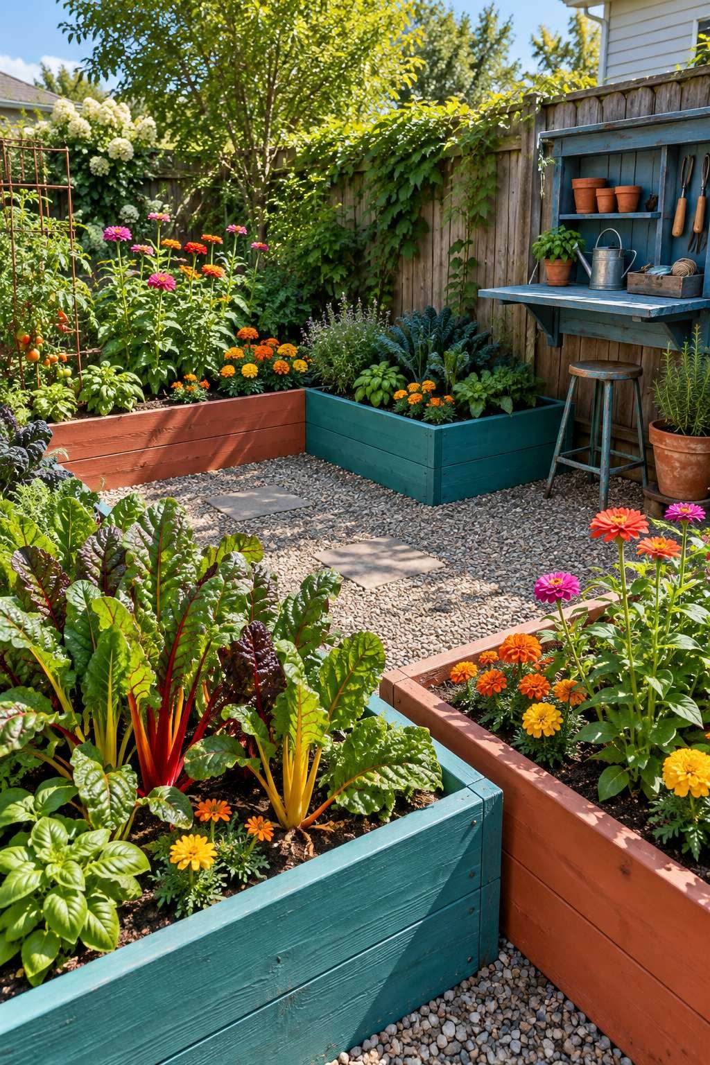 Painted Raised Garden Beds with Rainbow Chard