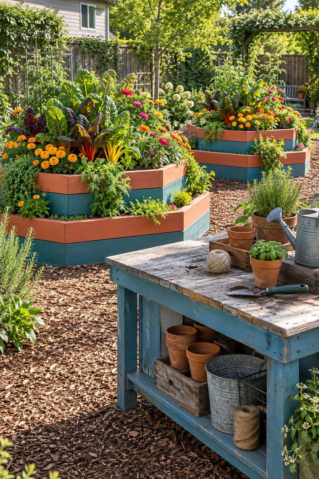 Painted Raised Garden Beds with Rainbow Chard
