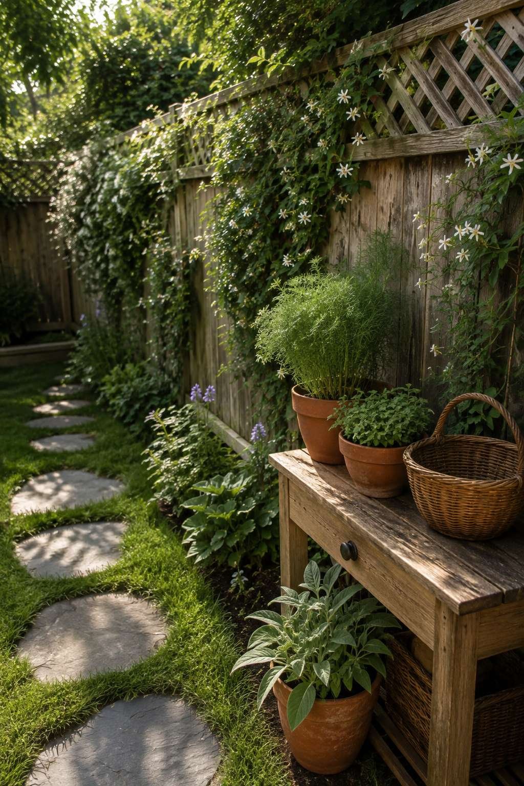 Lattice-Top Wood Fence with Climbing Jasmine