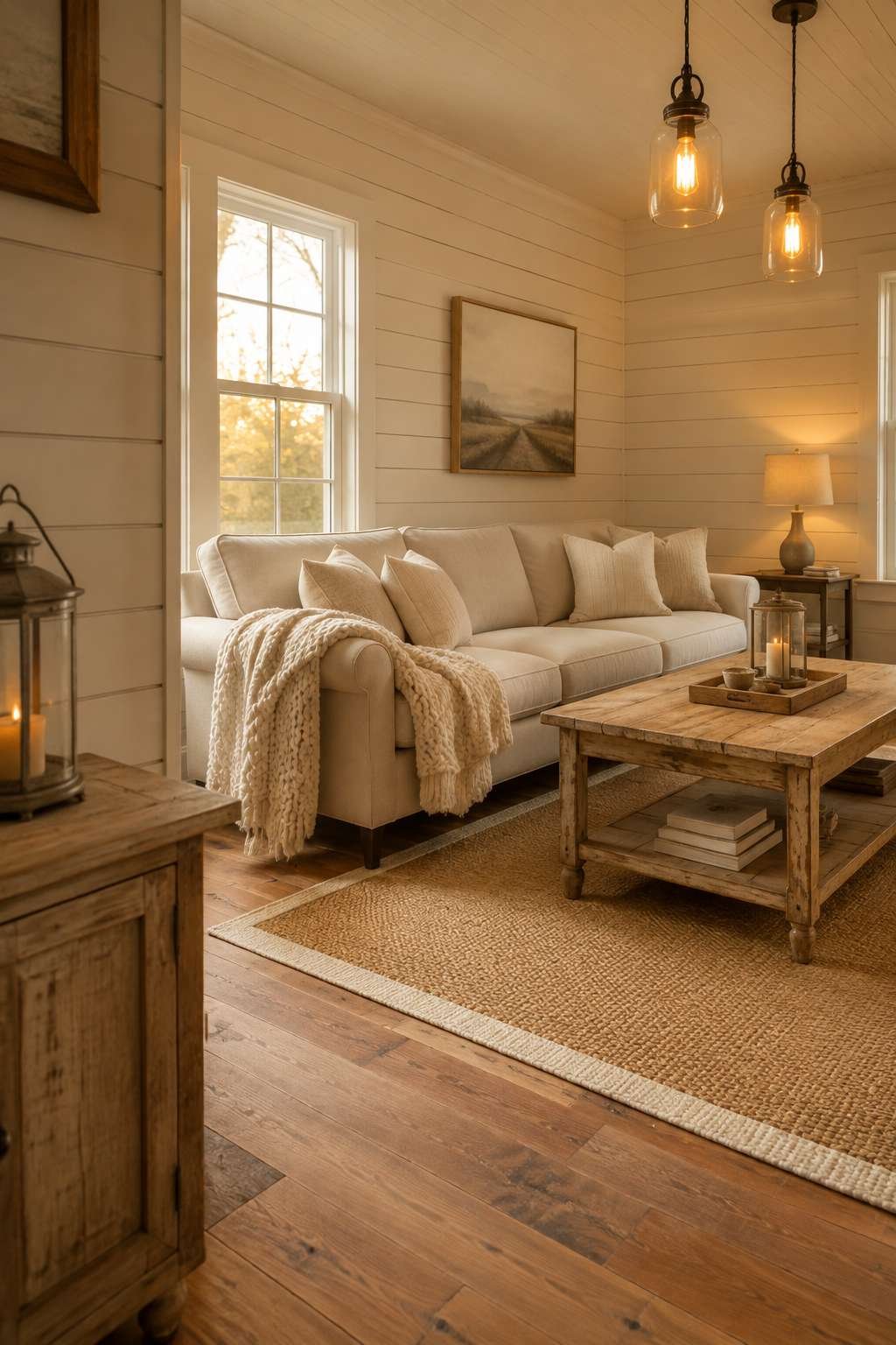 Modern Farmhouse Comfort: Shiplap Walls and Chunky Knit Textures