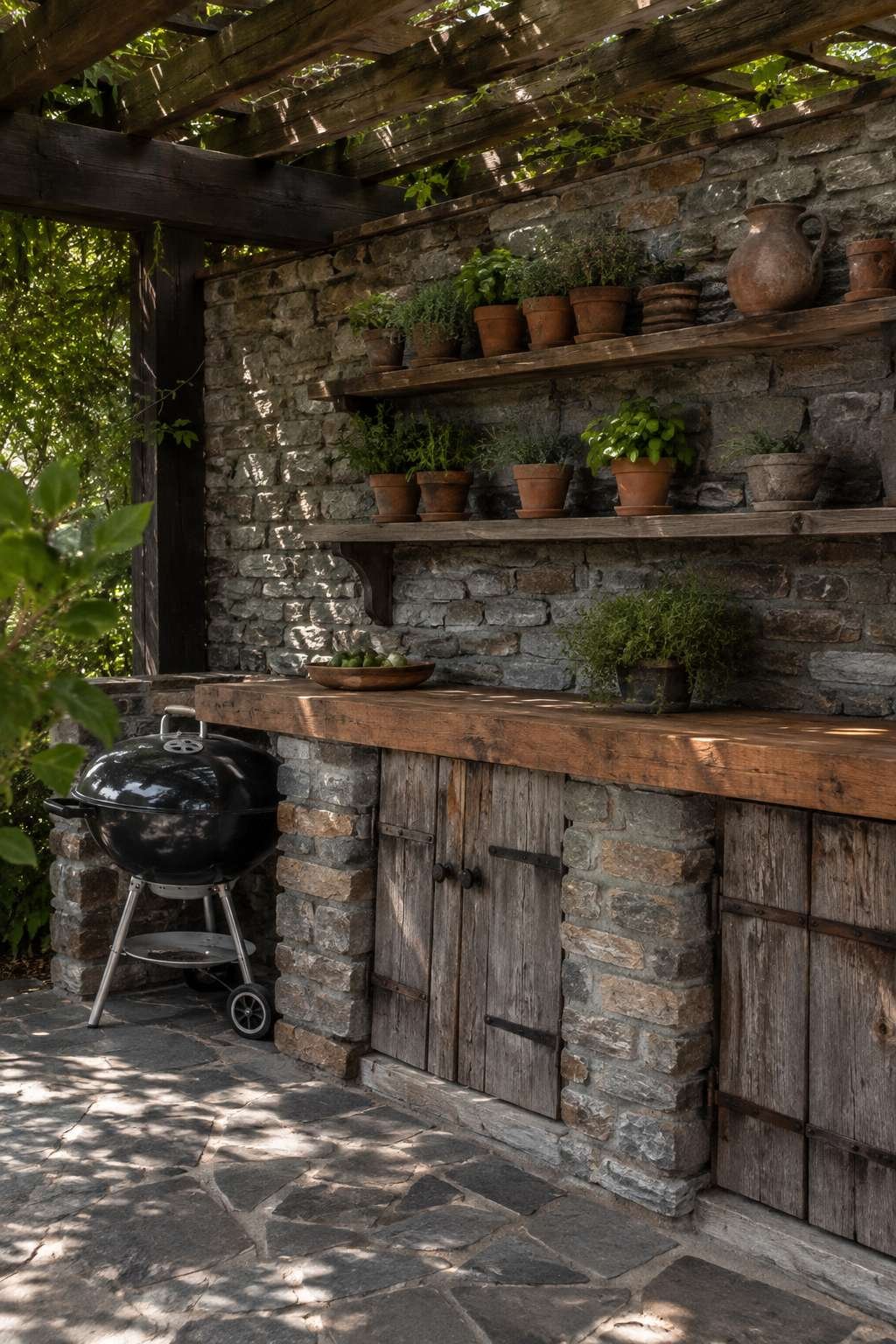 Rustic Farmhouse Patio with Stacked Stone and Outdoor Kitchen