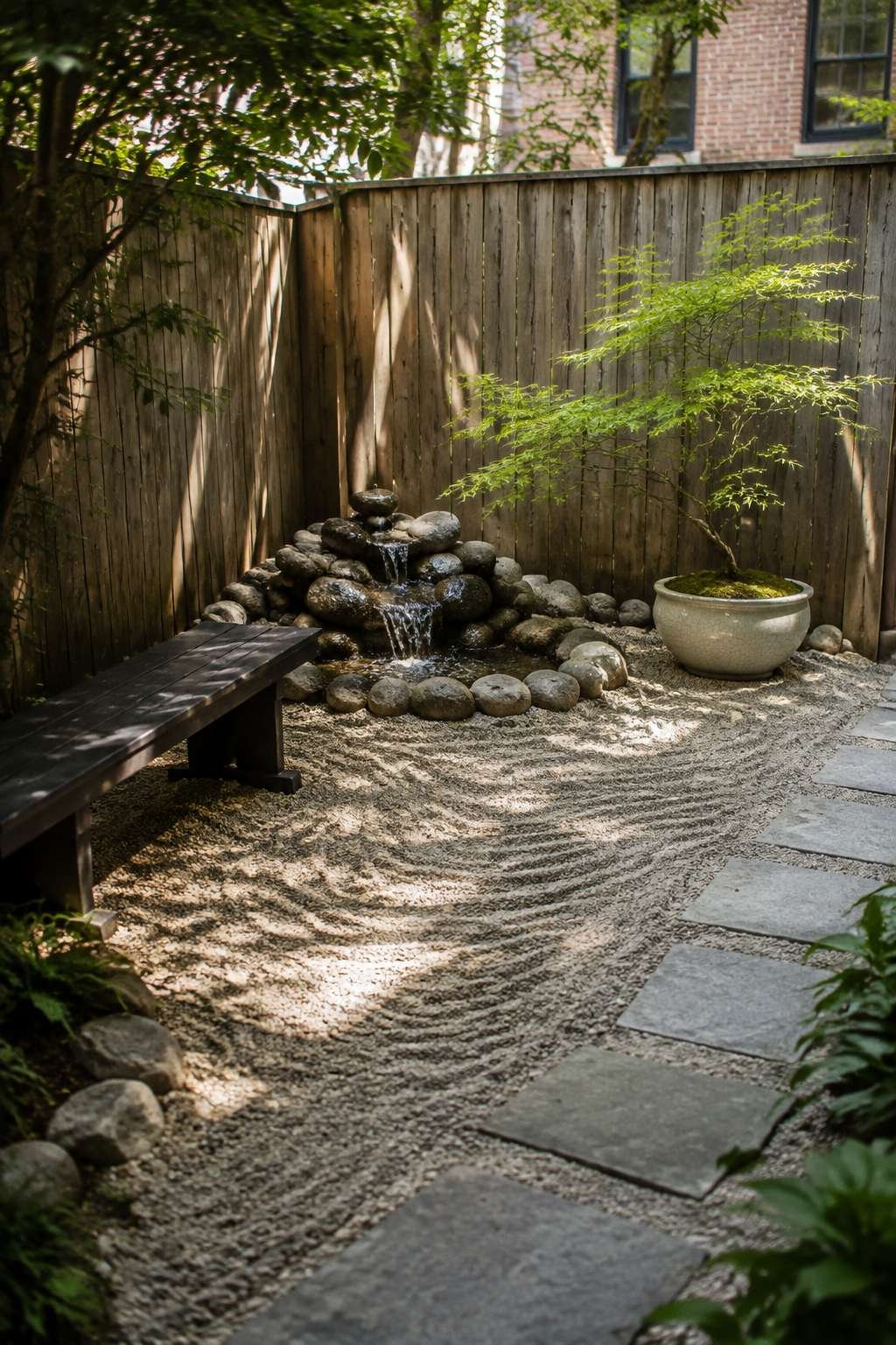 Minimalist Zen Corner with Stacked Stone Water Feature