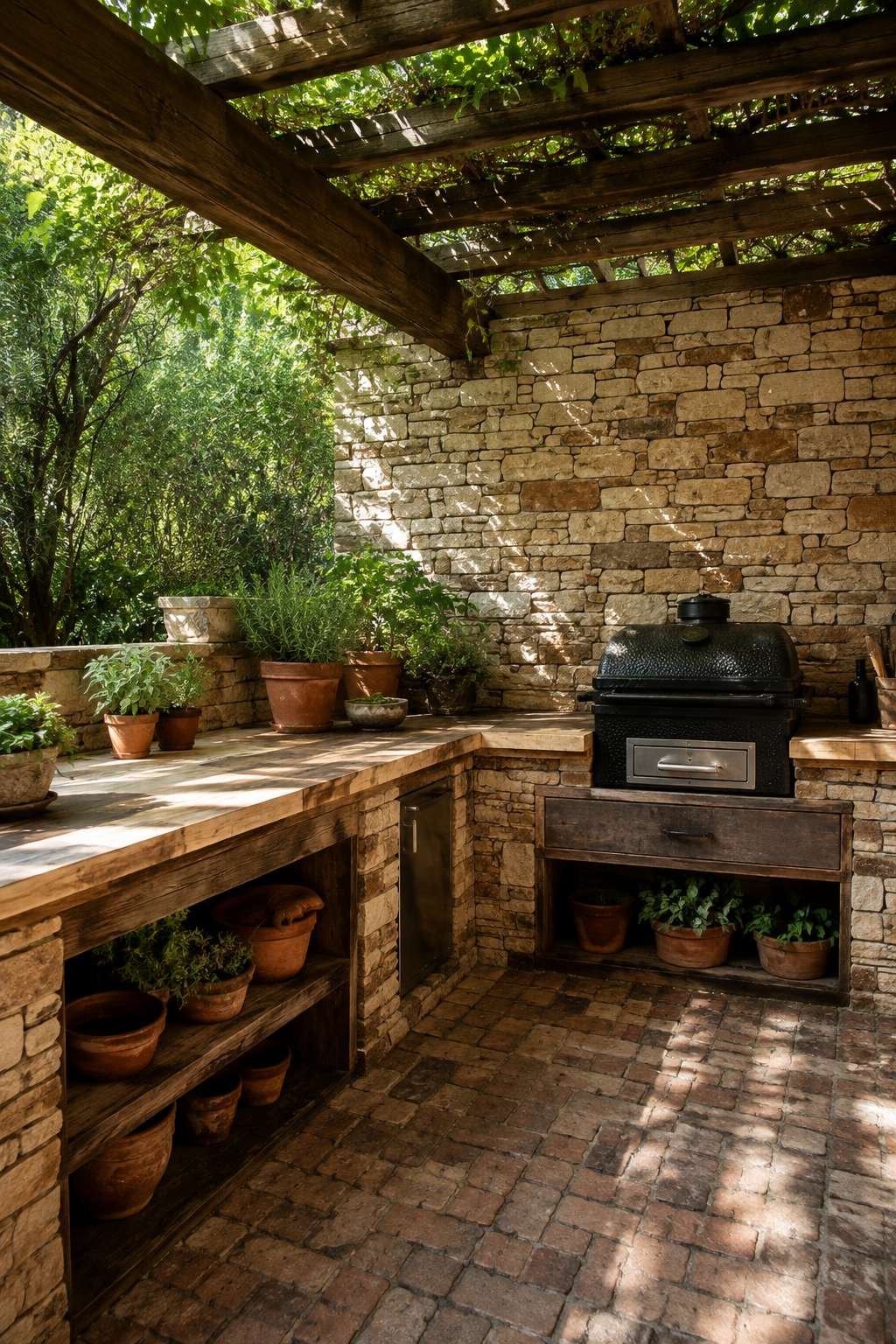 Rustic Farmhouse Patio with Stacked Stone and Outdoor Kitchen