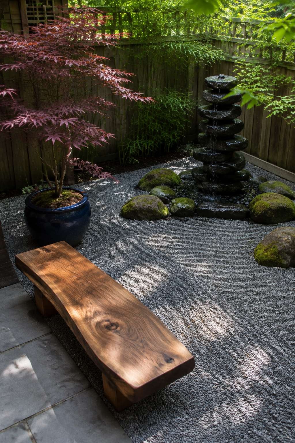 Minimalist Zen Corner with Stacked Stone Water Feature