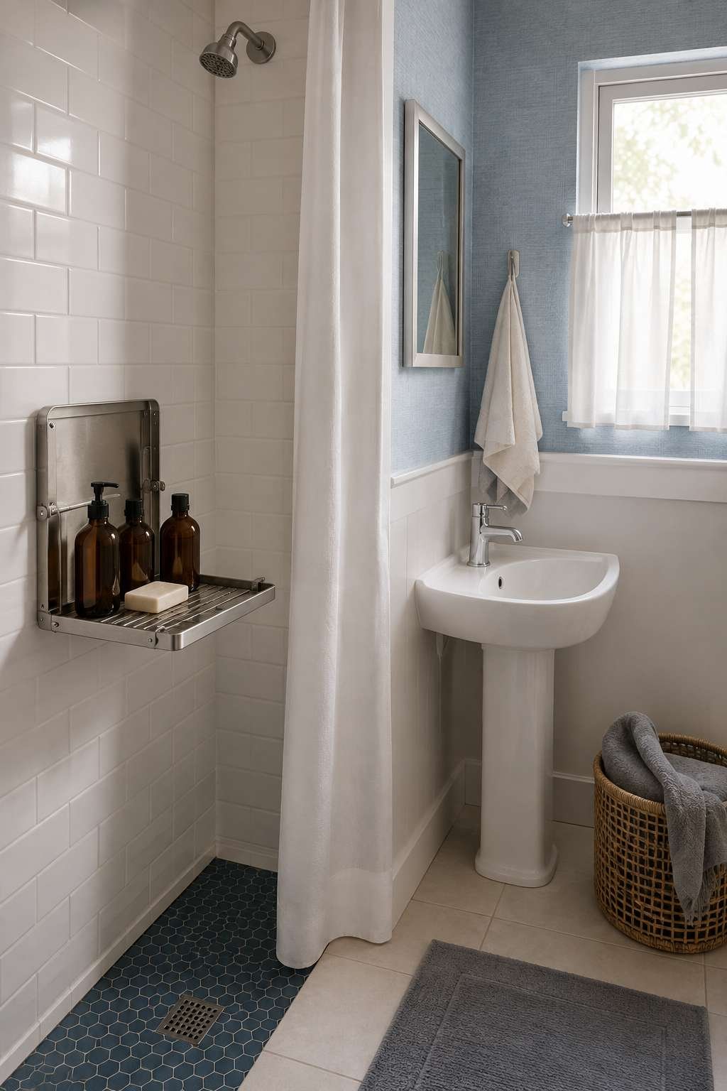 Fold-Down Shower Caddy Shelf with Blue Wallpaper Accent