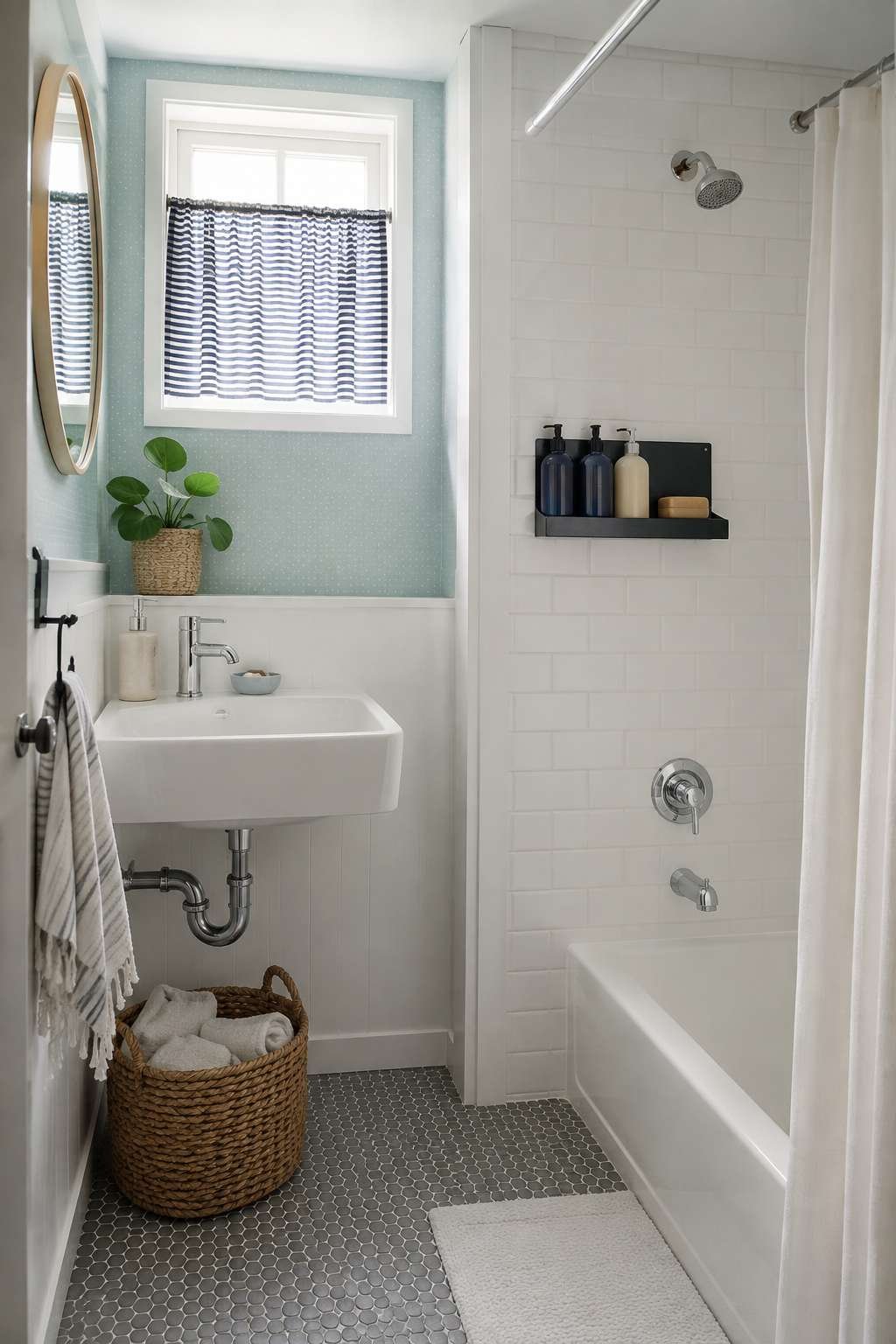 Fold-Down Shower Caddy Shelf with Blue Wallpaper Accent