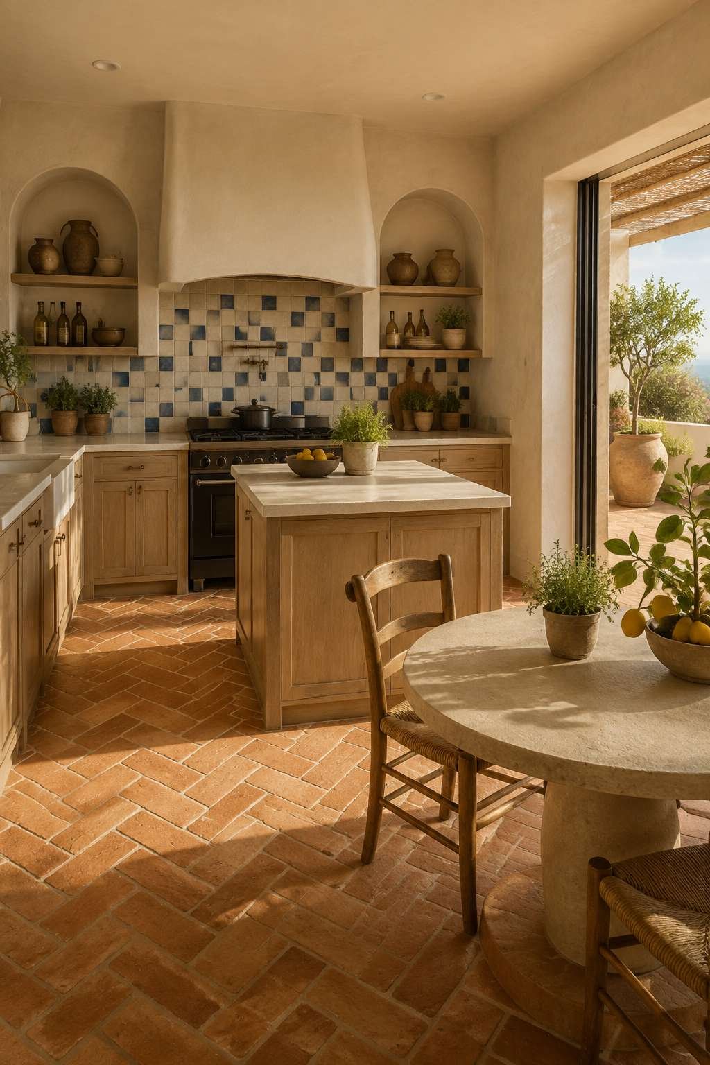 Mediterranean Open Kitchen With Zellige Tile and Terracotta