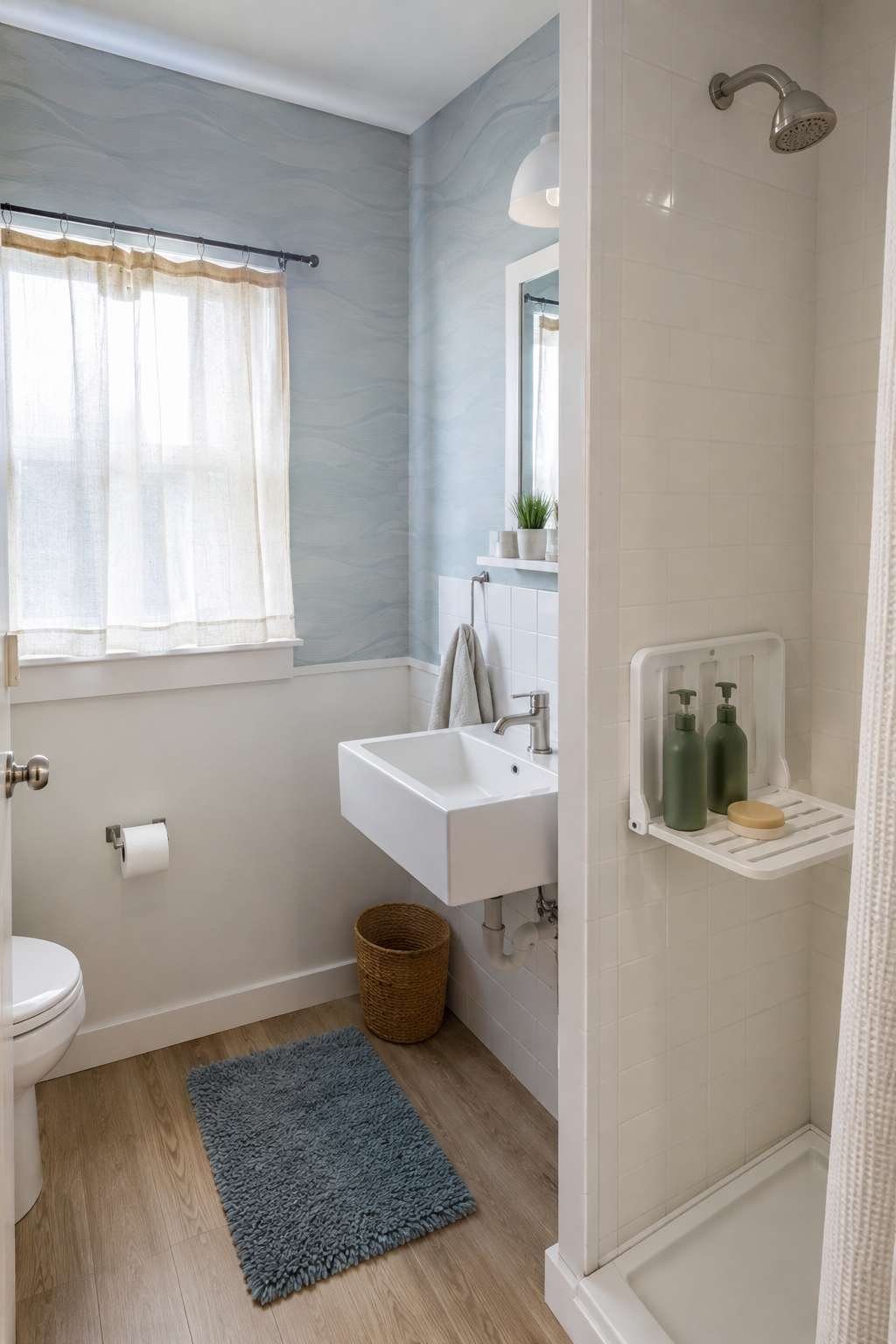 Fold-Down Shower Caddy Shelf with Blue Wallpaper Accent