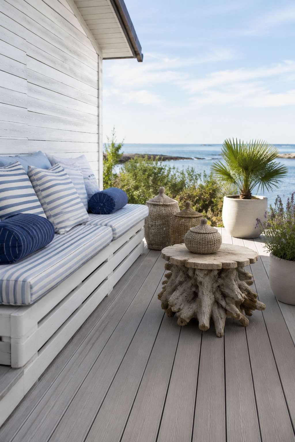 Coastal Daybed Patio with Whitewashed Wood and Linen Stripes