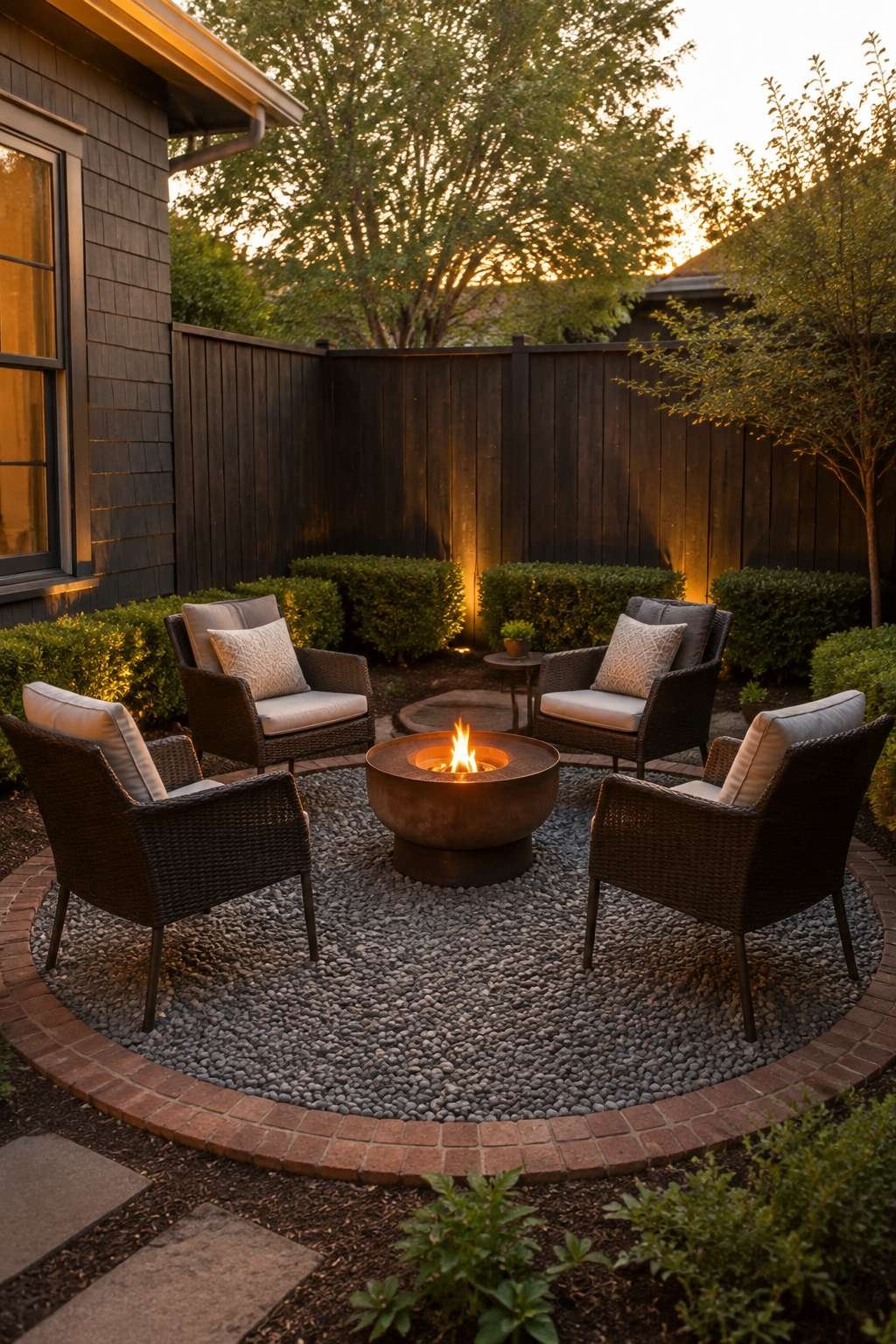 Golden Hour Fire Pit Lounge with Wicker Seating