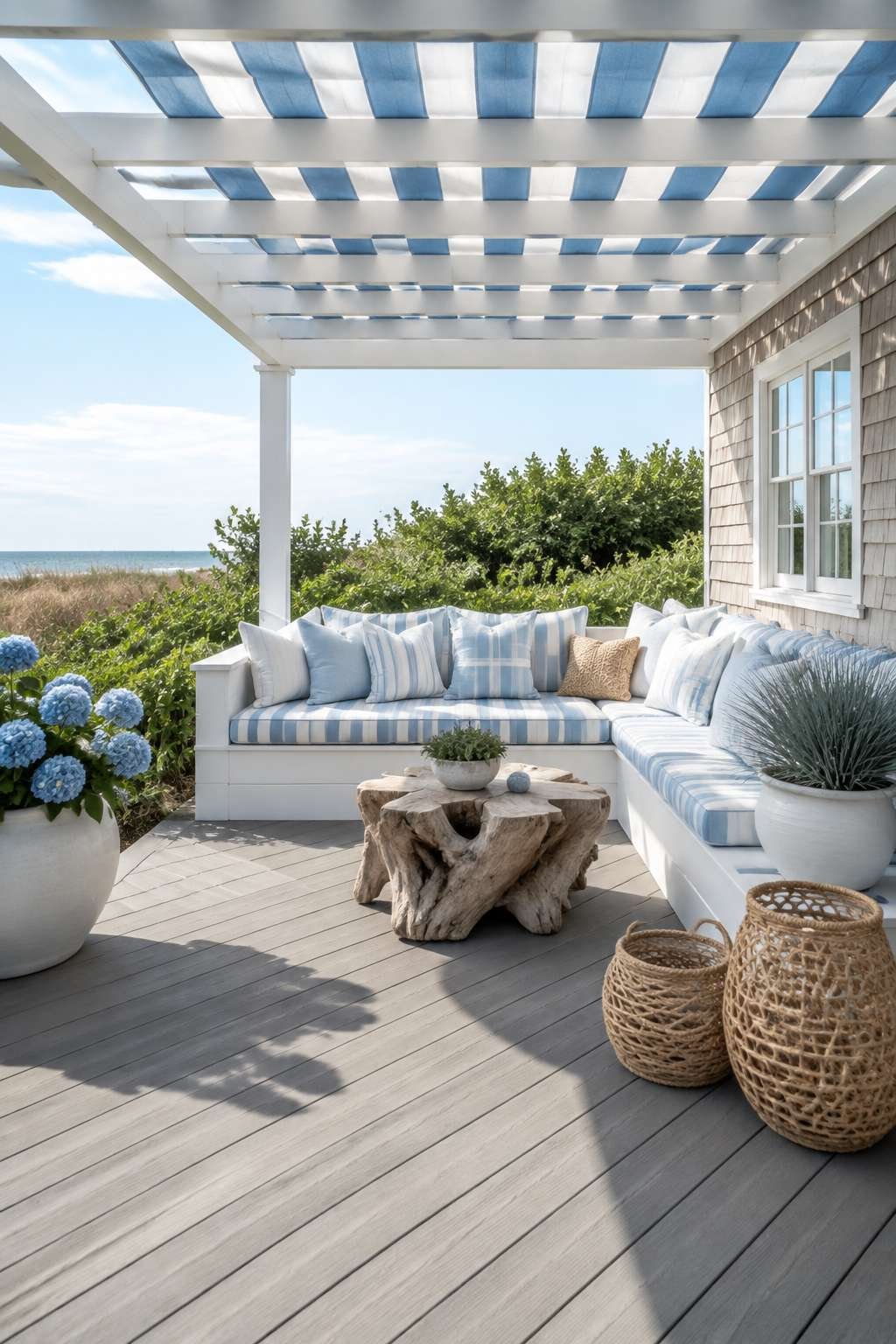Coastal Daybed Patio with Whitewashed Wood and Linen Stripes