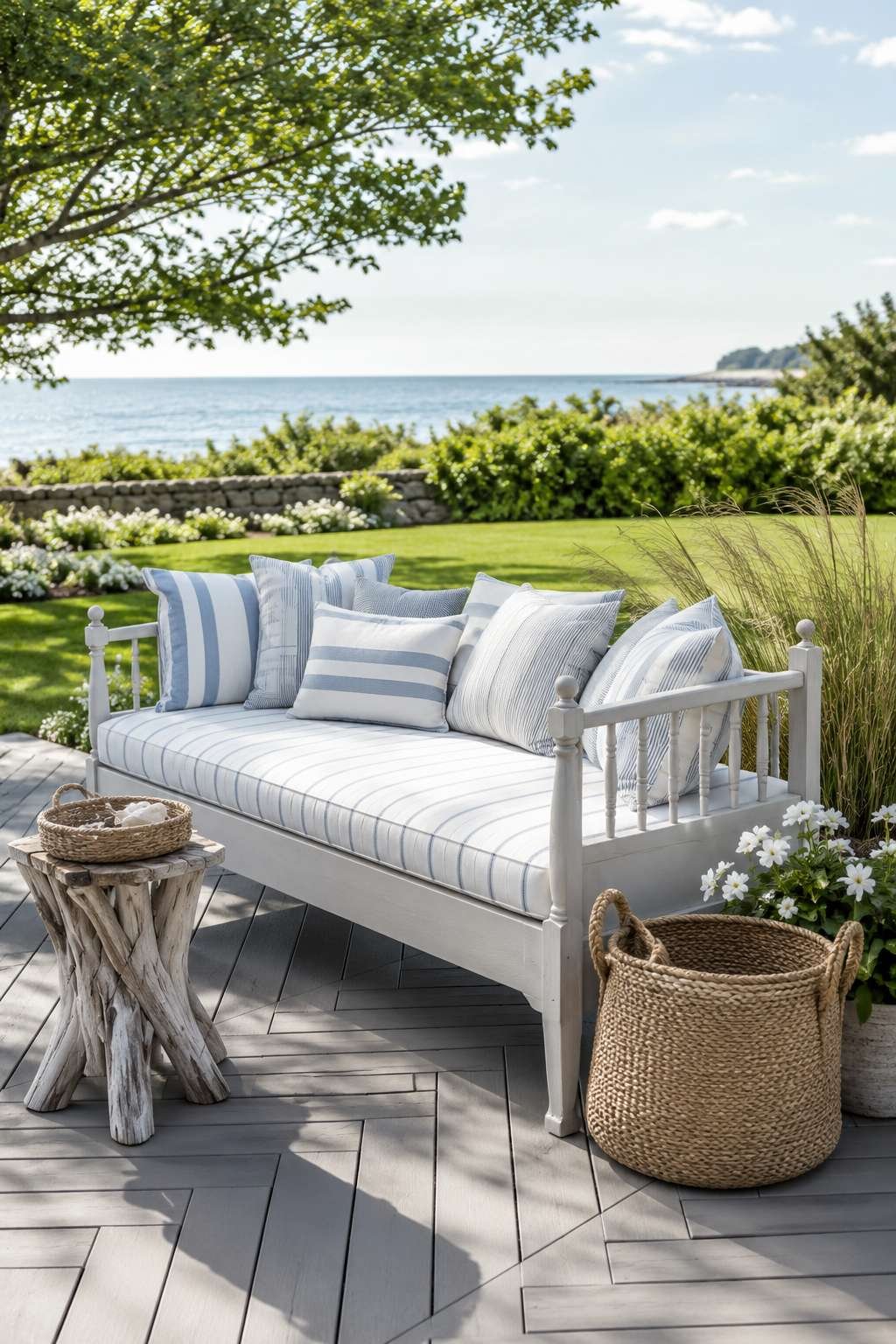 Coastal Daybed Patio with Whitewashed Wood and Linen Stripes