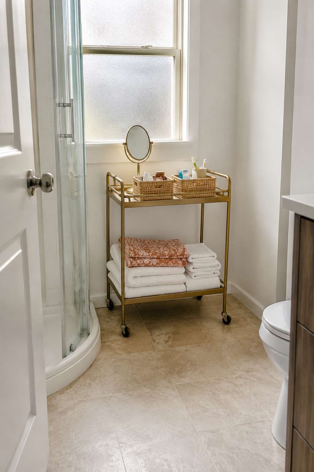 Repurposed Rolling Bar Cart as Mobile Bathroom Storage