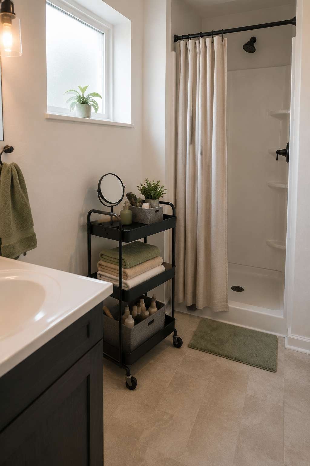 Repurposed Rolling Bar Cart as Mobile Bathroom Storage