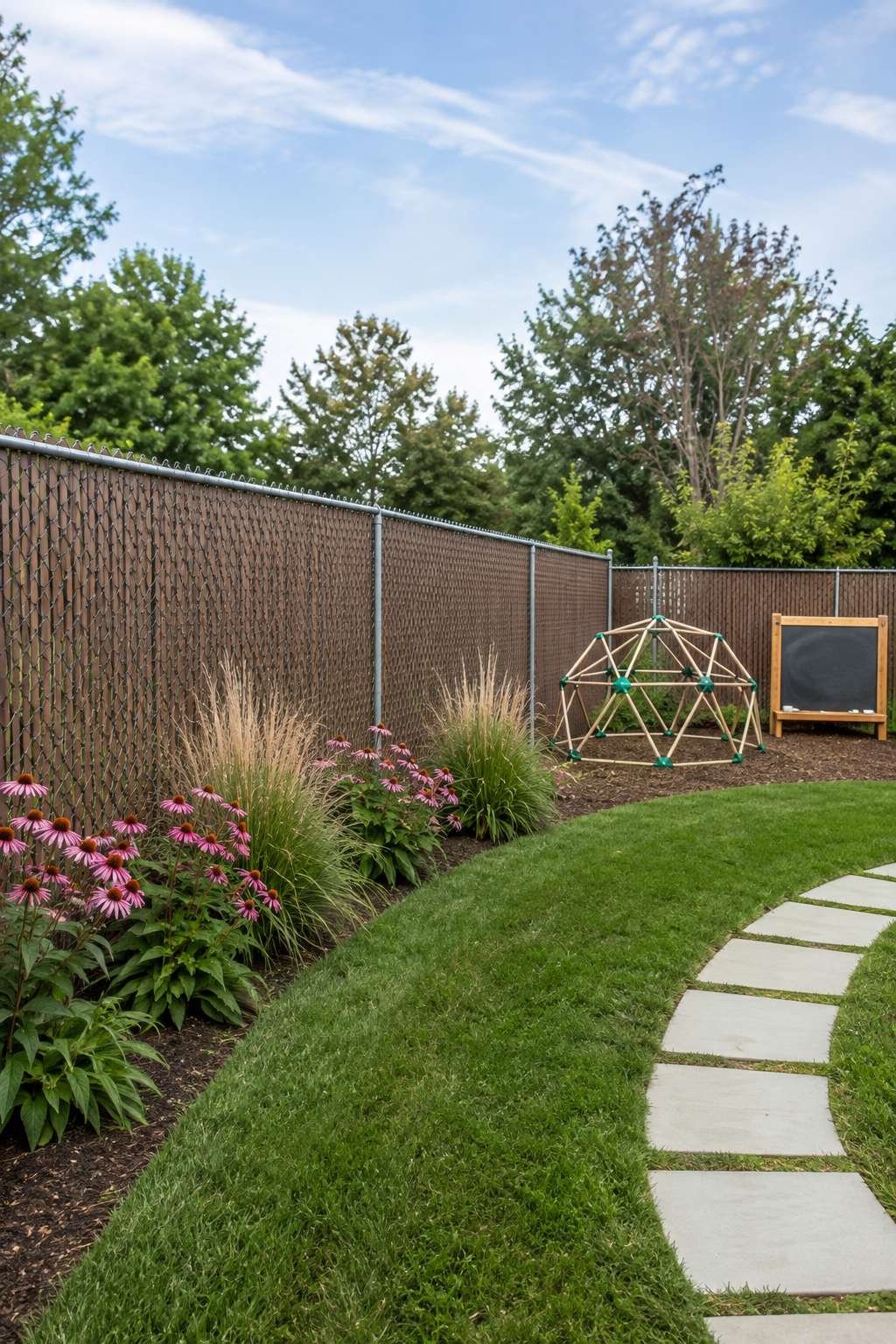 Chain-Link Fence with Woodgrain Privacy Slats